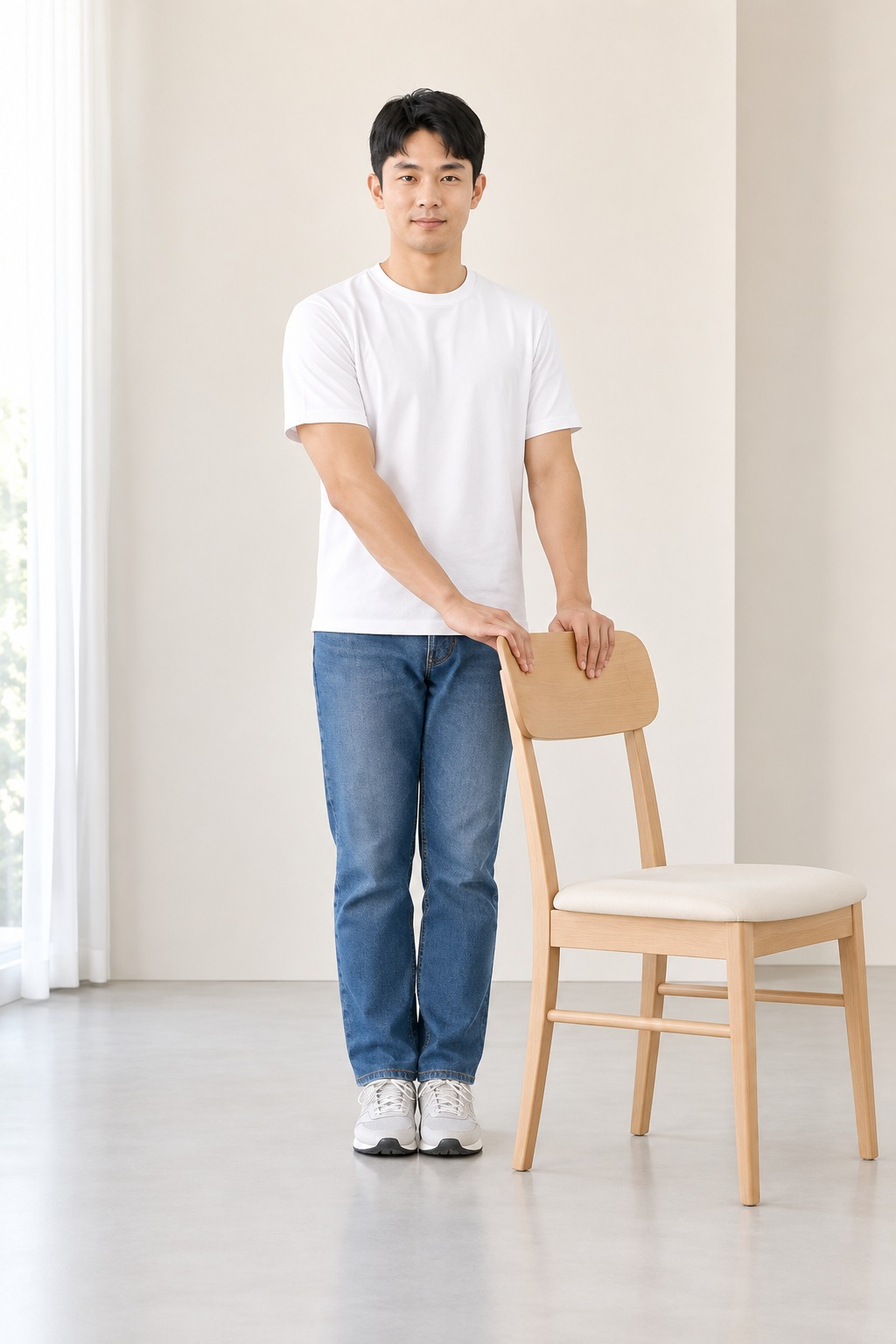 튼튼한 의자를 잡고 양발을 나란히 모아 선 가상의 한국인 남성