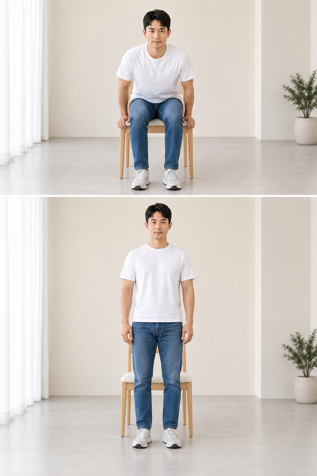 팔걸이 없는 안정된 의자에서 앉았다 천천히 일어나는 가상의 한국인 남성