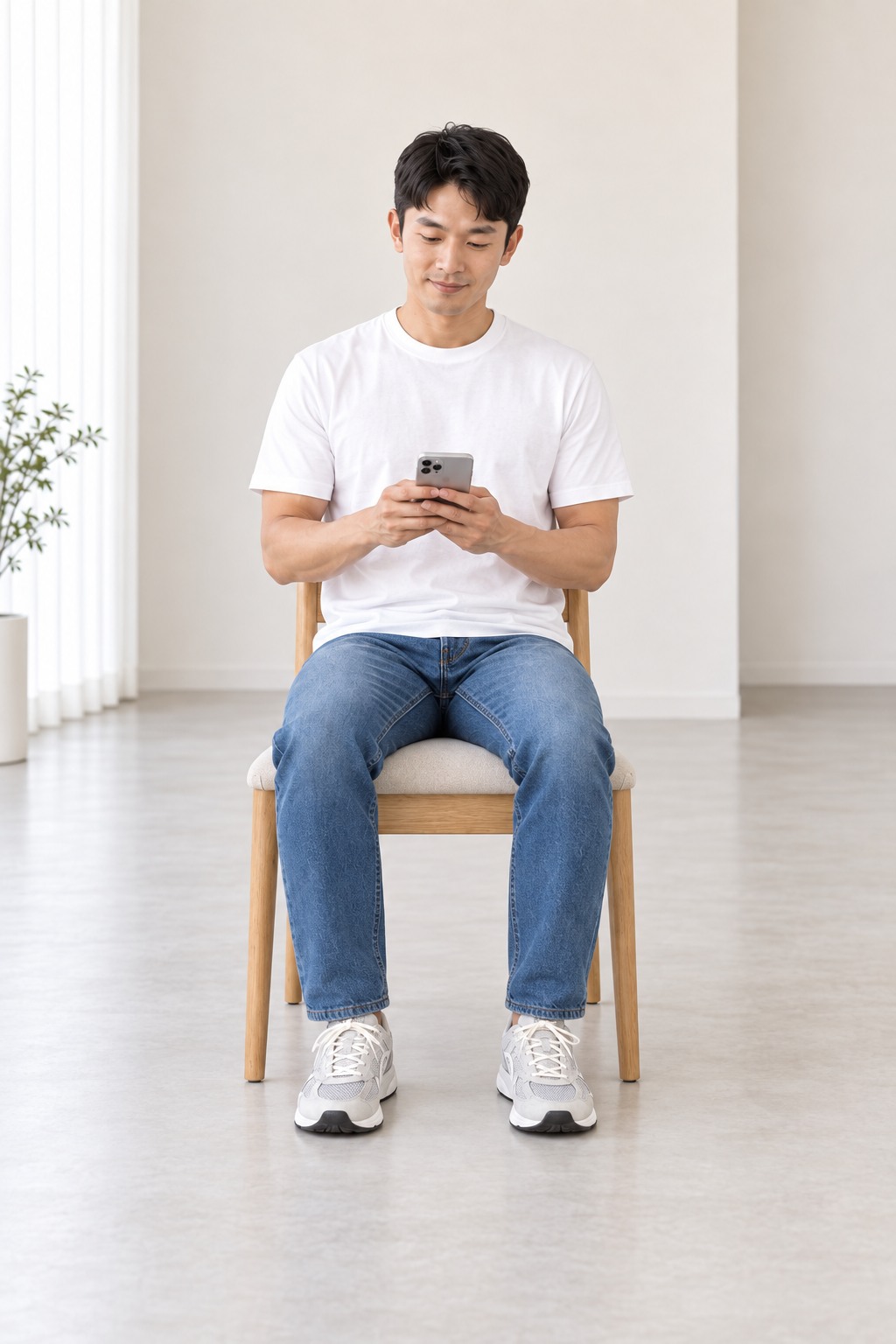 집에서 균형운동을 꾸준히 실천하고 기록을 확인하는 가상의 한국인 남성