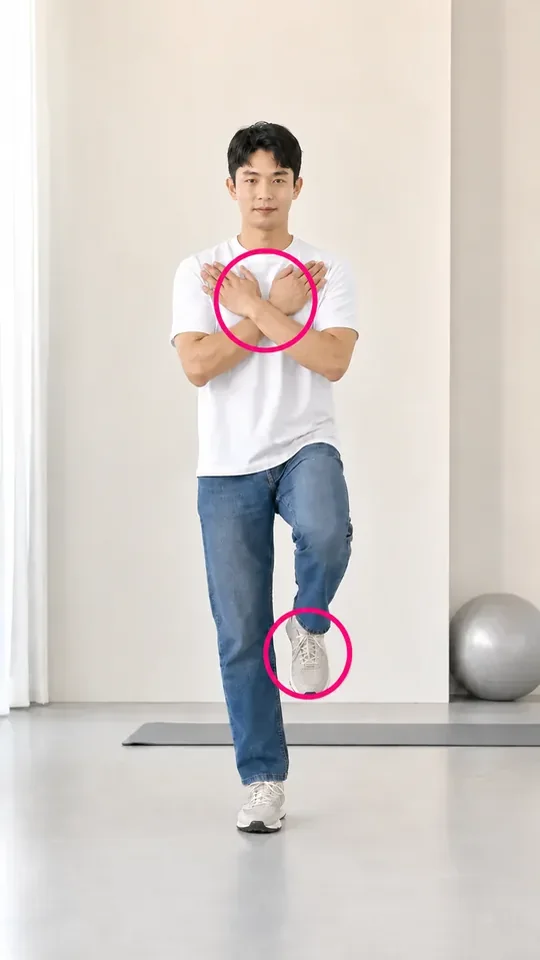 한 발 서기 중인 남성의 들어 올린 발과 가슴 앞 손 교차 부분을 강조한 분홍색 원 두 개