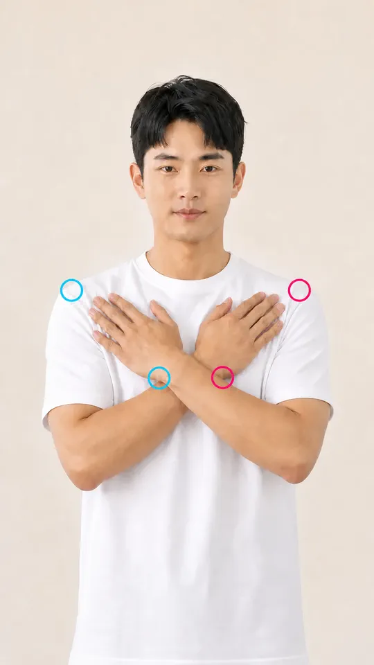 가슴손 자세를 취한 남성의 양쪽 어깨와 손목 원형 표시